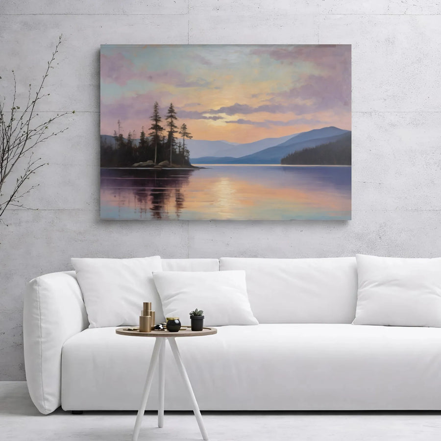 Serene Mountain Lake Canvas Art | Sunset Pine Forest Landscape Painting | Premium Gallery-Wrapped Print | Calming Nature Wall Decor for Home
