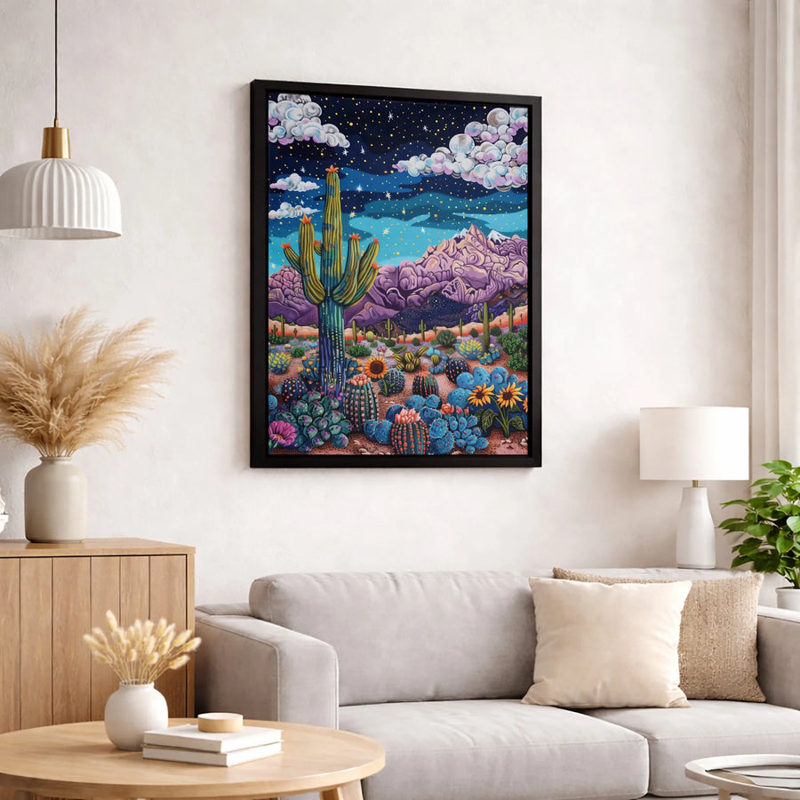 Psychedelic Desert Landscape Canvas | Starry Night Cactus Wall Art | Premium Fade-Resistant Print | Bohemian Home Decor Gift
