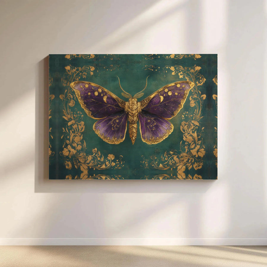 Mystical Moth Wall Art | Purple And Gold Filigree Canvas Print | Premium Gallery Wrap Decor | Bohemian Nature Gift For Home Office