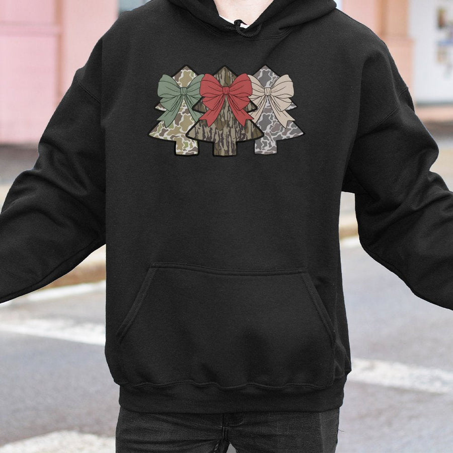Camo Christmas Tree Hoodie | Coquette Bow Holiday Graphic | Soft Cotton-Polyester Blend | Trendy Hunter Gift for Women & Men
