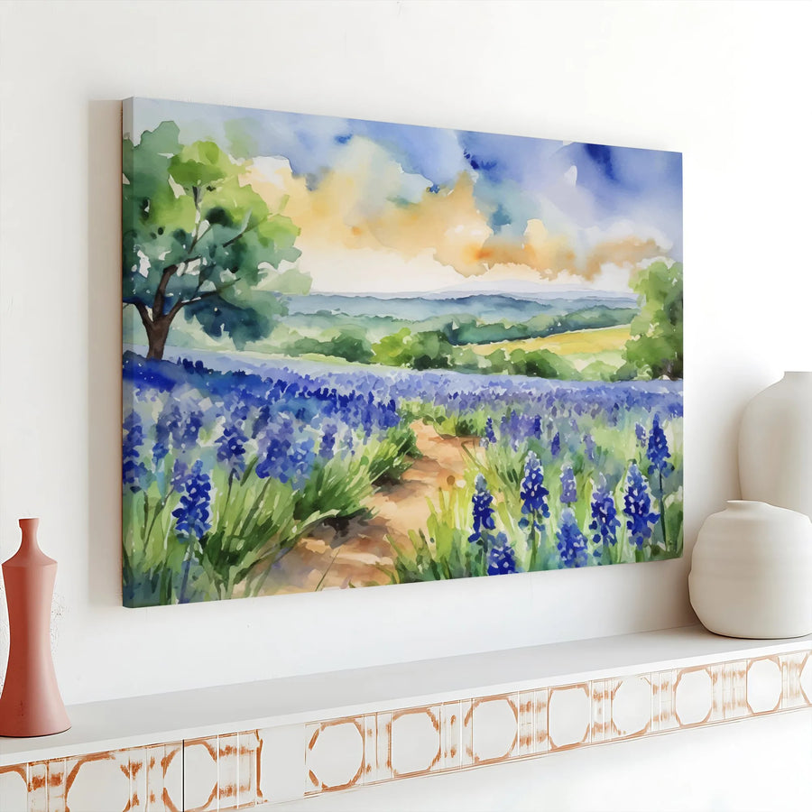 Texas Bluebonnet Field Canvas Wall Art | Watercolor Landscape Painting | Premium Gallery Wrapped Print | Rustic Farmhouse Decor Gift