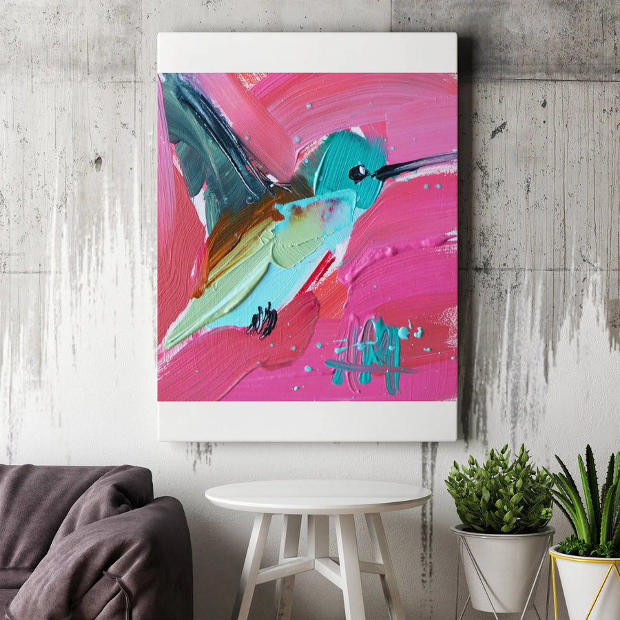 Abstract Hummingbird Canvas Wall Art | Vibrant Impasto Style Painting Print | Premium Thick Gallery Canvas | Modern Living Room Decor Gift for Bird Lover