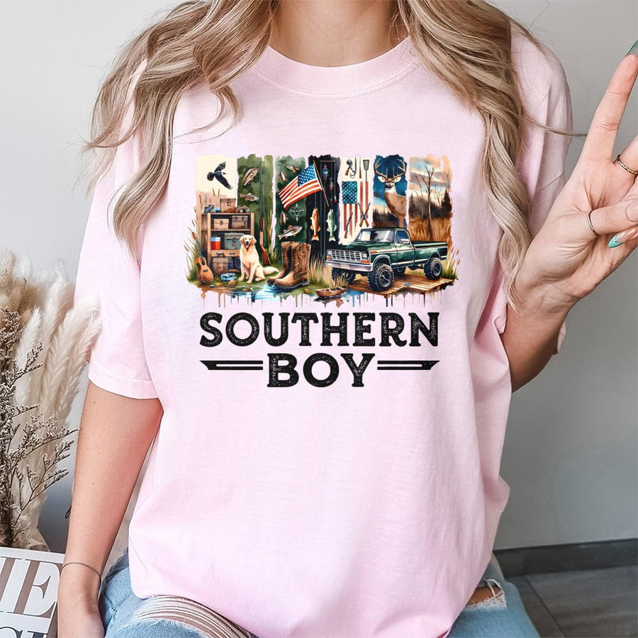 Southern Boy Hunting T-Shirt | Retro Outdoors Graphic With Deer, Dog, And Truck | Premium 100% Cotton | Country Lifestyle Gift For Him