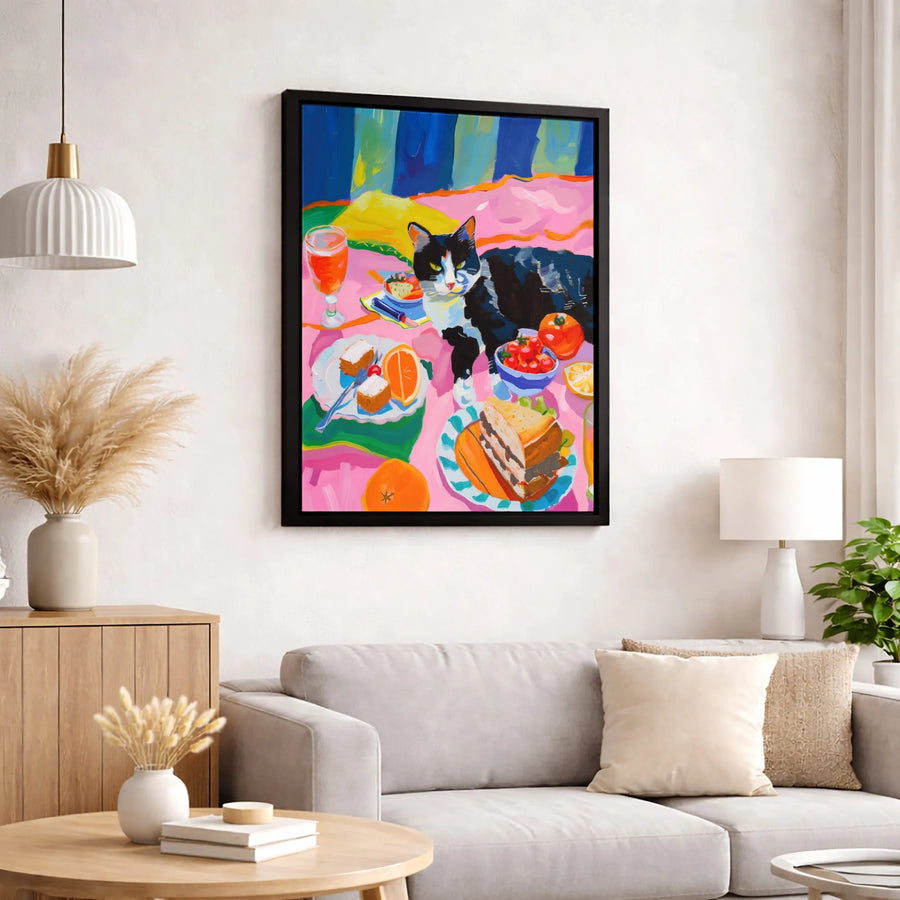 Cat Picnic Painting Canvas | Whimsical Pet Art Print | Gallery-Quality 1.25" Profile | Vibrant Wall Decor Gift for Cat Lovers