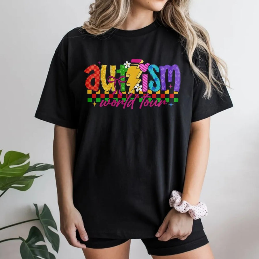 Autism Awareness T-Shirt | Colorful Retro World Tour Graphic | Soft Cotton Blend Crewneck | Neurodiversity Acceptance Gift for Mom Teacher