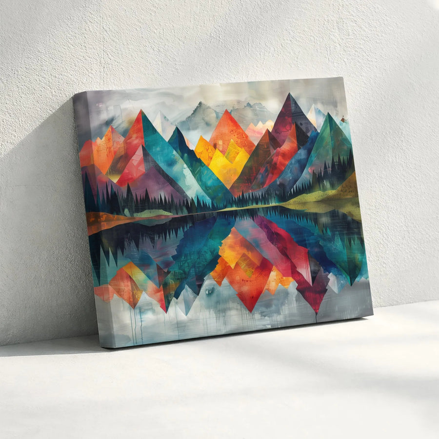 Abstract Mountain Wall Art | Colorful Geometric Landscape Reflection | Premium 1.25" Gallery Wrap Canvas | Modern Home & Office Decor