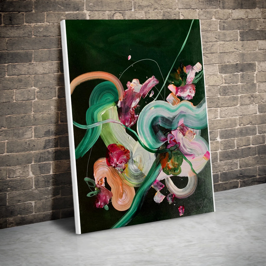 Abstract Floral Vertical Canvas | Colorful Gestural Painting Print on Dark Green Background | Premium Gallery Wrapped Canvas | Modern Living Room Wall Art Gift