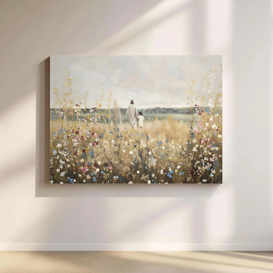 Jesus and Child Canvas Wall Art | Impressionist Wildflower Field Painting | Premium Gallery Wrapped Decor | Christian Home Gift for Believers