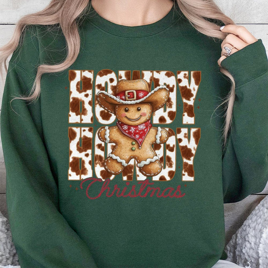 Howdy Christmas Sweatshirt | Western Gingerbread Man Cowprint | Premium Cotton Blend Unisex Crewneck | Retro Cowboy Holiday Gift for Women & Men