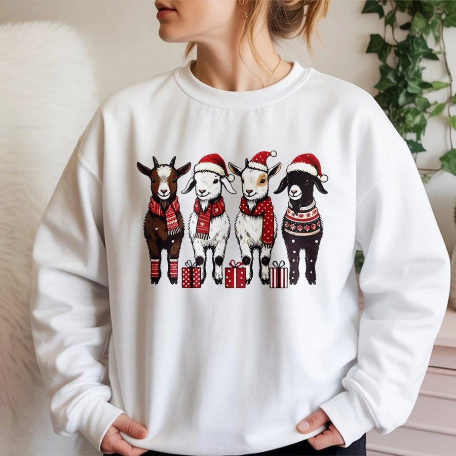 Christmas Goat Sweatshirt | Cute Festive Farm Animals in Santa Hats | Premium Cotton Blend Crewneck | Holiday Gift for Animal Lovers