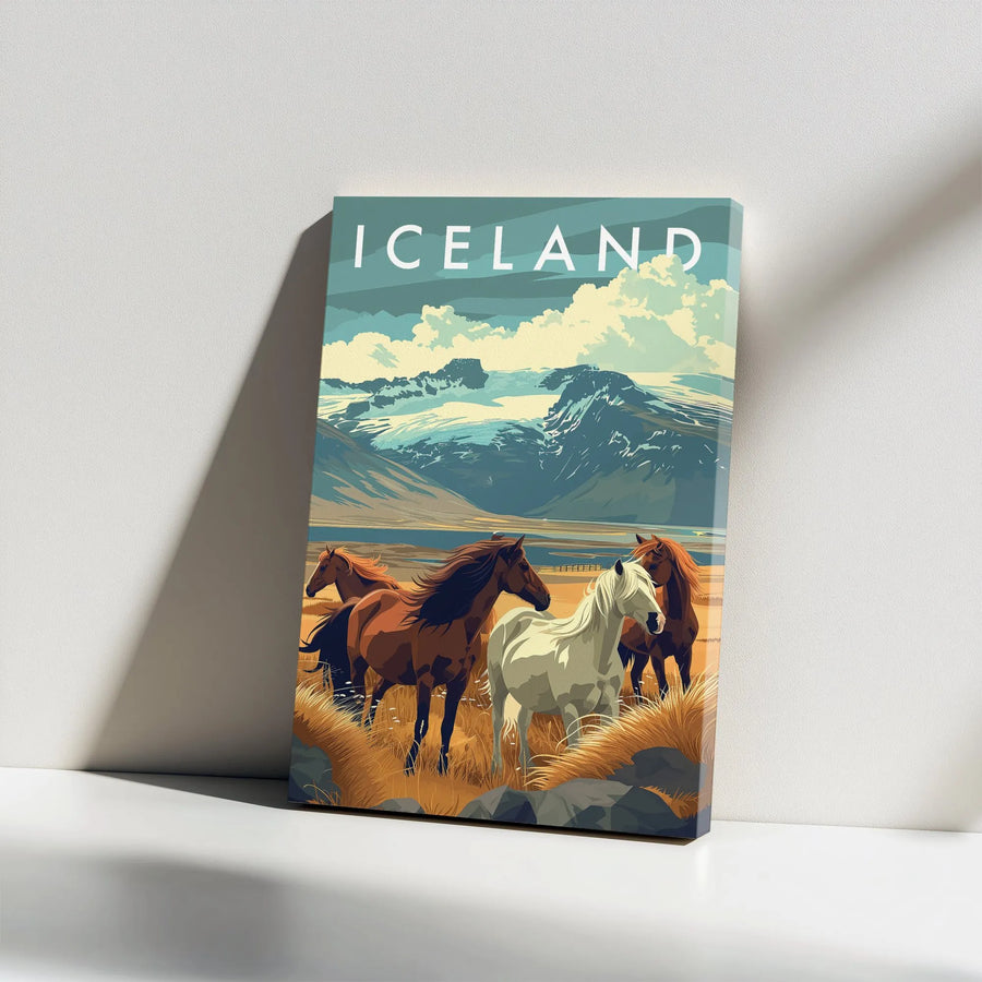 Iceland Travel Poster Canvas | Vintage Icelandic Horses Landscape Wall Art | Gallery Wrapped Premium Decor | Gift for Travel Enthusiasts