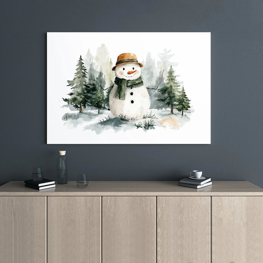 Watercolor Snowman Canvas Wall Art | Snowy Pine Forest Winter Scene | Premium 1.25” Gallery Wrap | Festive Holiday Home Decor Gift