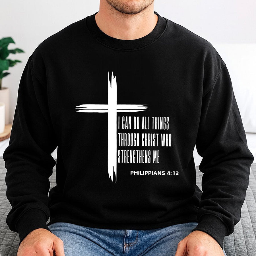 Philippians 4:13 Sweatshirt | Christian Faith Cross Graphic | Soft Cotton Blend Premium Apparel | Religious Gift for Men and Women