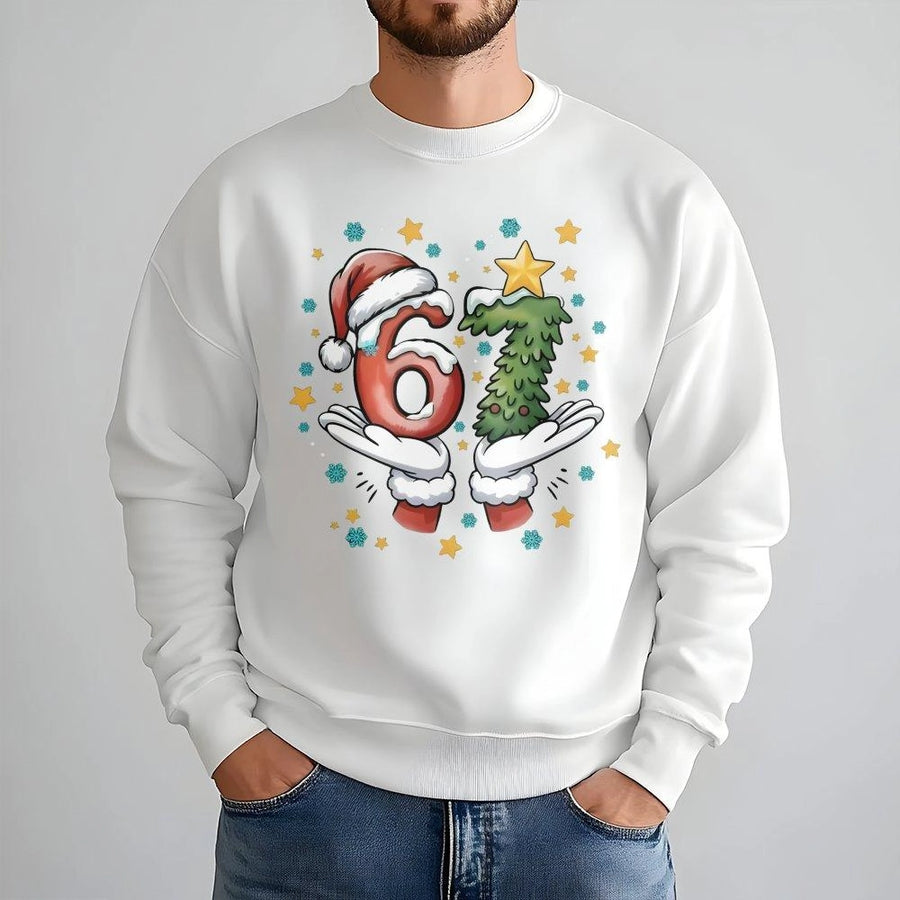 6-7 Christmas Sweatshirt | Funny Santa Hands Number Graphic | Cotton Blend Premium Crewneck | Matching Holiday Gift For Him And Her