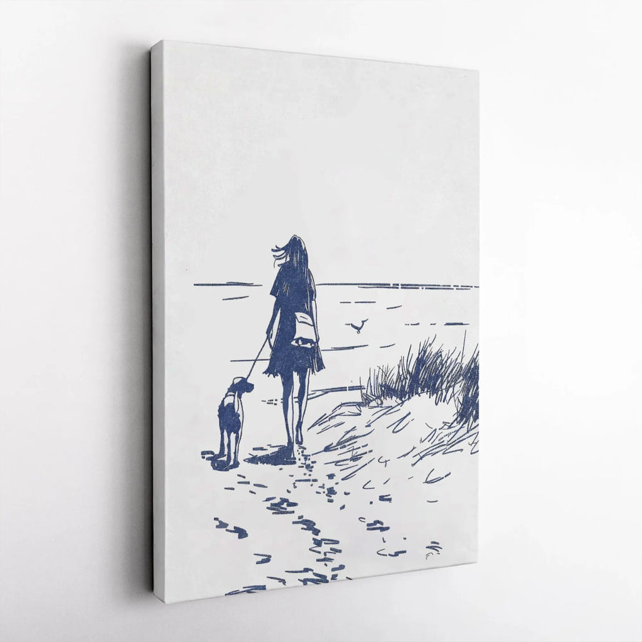 Woman Walking Dog Canvas Art | Coastal Beach Sketch Wall Decor | Premium 1.25 Gallery Wrap | Aesthetic Gift for Dog Lovers