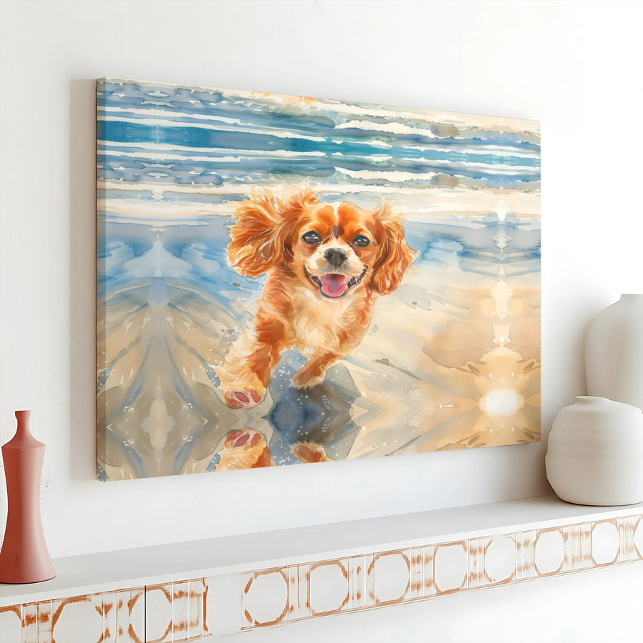 Cavalier King Charles Spaniel Canvas Wall Art | Watercolor Dog on Beach Painting | Premium Gallery Wrapped Canvas | Gift for Dog Lover & Pet Owner
