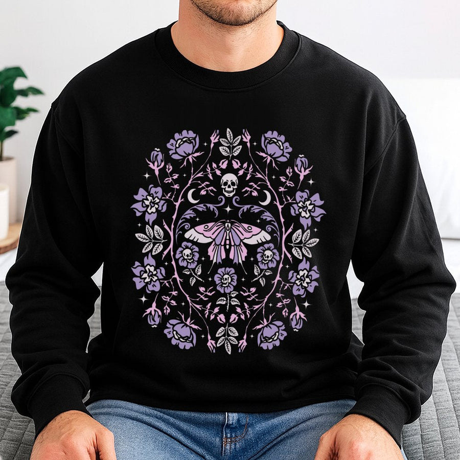 Gothic Garden Sweatshirt | Moth Skull Floral Graphic | Cotton Blend Premium Crewneck | Pastel Goth Dark Academia Gift for Her