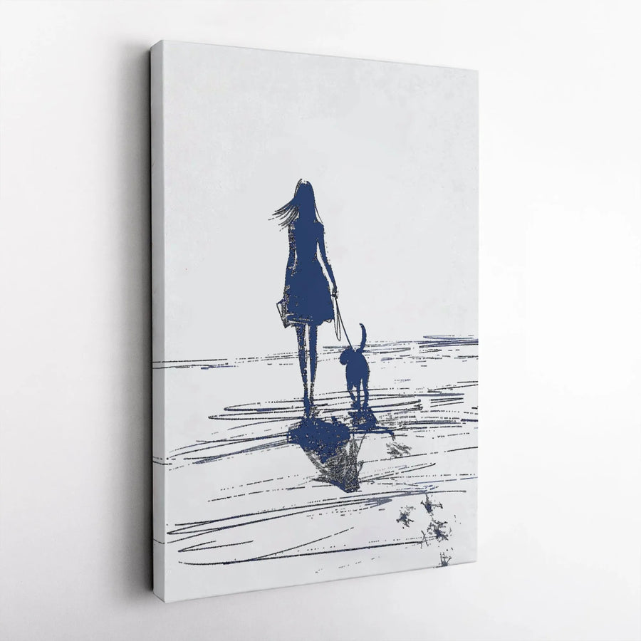 Woman Walking Dog Canvas Wall Art | Minimalist Blue Silhouette Illustration | Premium Gallery Wrapped Print | Home Decor Gift for Dog Lovers