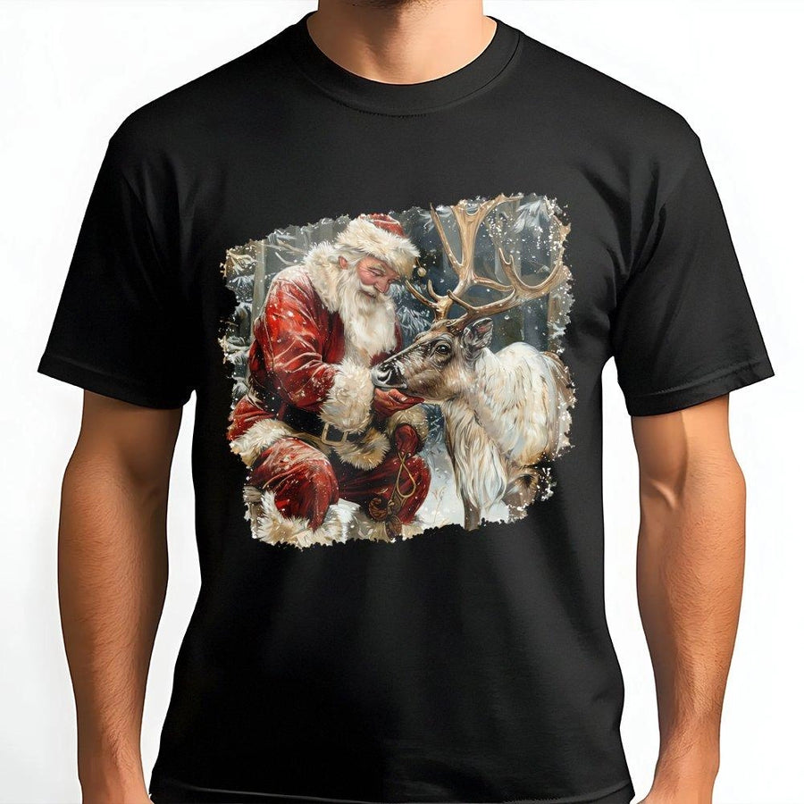 Santa Claus and Reindeer T-Shirt | Realistic Christmas Winter Scene | Premium Soft Cotton Graphic Tee | Holiday Gift for Men and Women