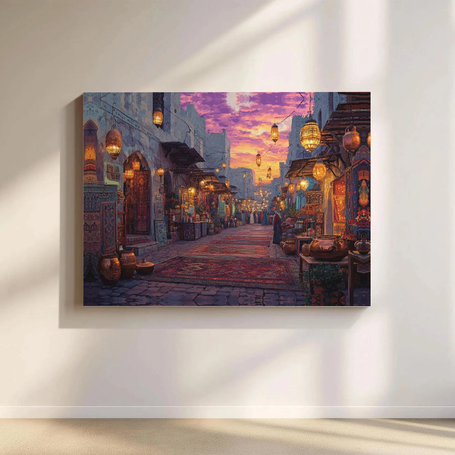 Arabian Night Market Canvas Wall Art | Vibrant Bazaar Street Scene with Lanterns | Premium Gallery-Wrapped Print | Exotic Home Decor Gift