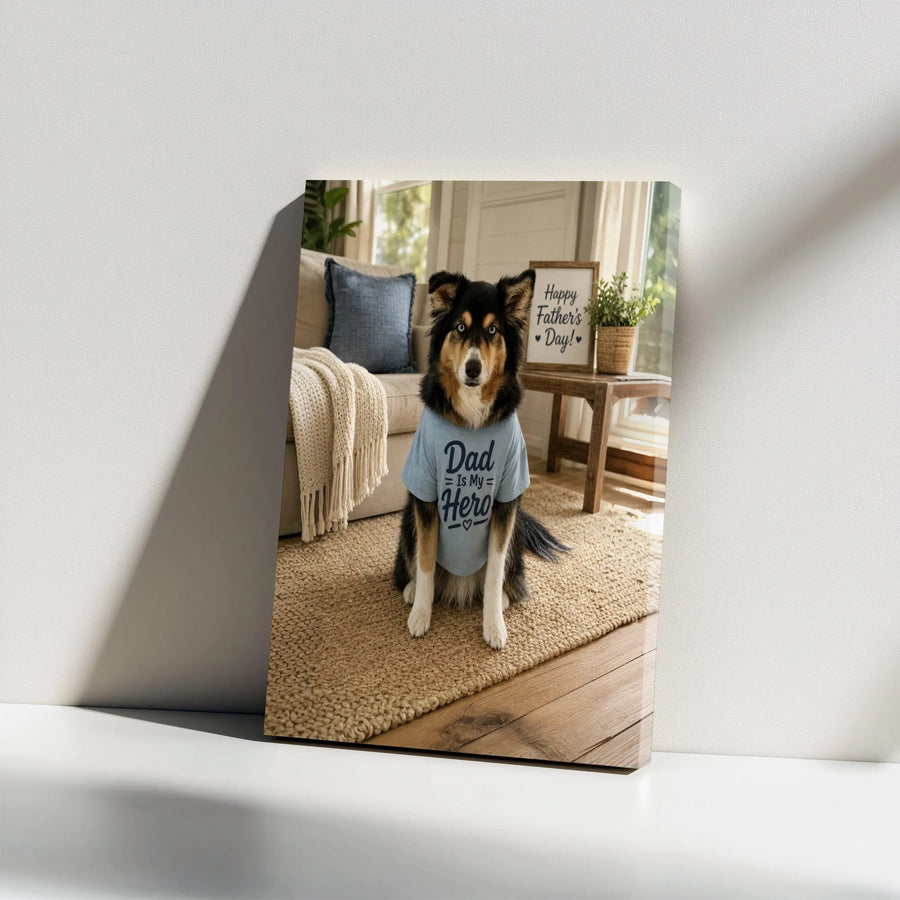 Father's Day Dog Vertical Canvas | Dad Is My Hero Cute Dog Portrait Print | 1.25" Frameless Gallery Wrap Wall Art | Heartwarming Gift for Dog Dads & Pet Lovers