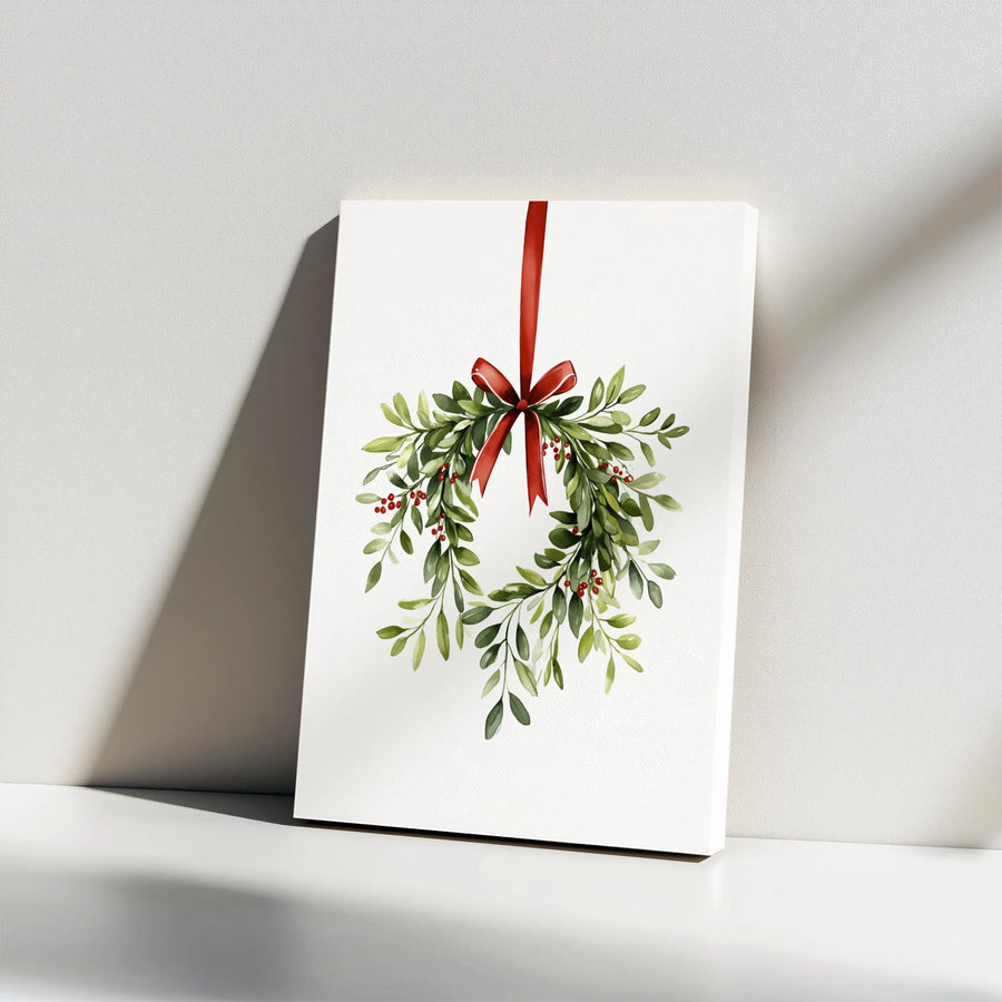 Watercolor Mistletoe Wall Art | Christmas Wreath With Red Ribbon | Premium Gallery Wrap Canvas | Holiday Home Decor Gift