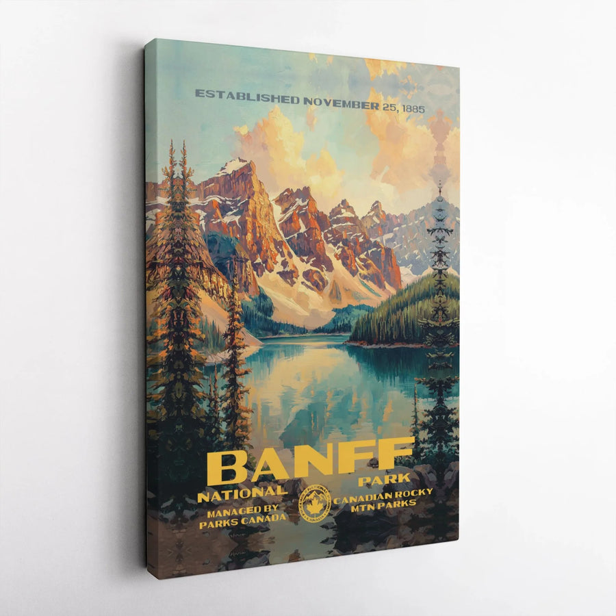Banff National Park Canvas Print | Vintage Mountain Travel Poster | Gallery Wrapped Premium Wall Art | Nature Lover Gift & Office Decor