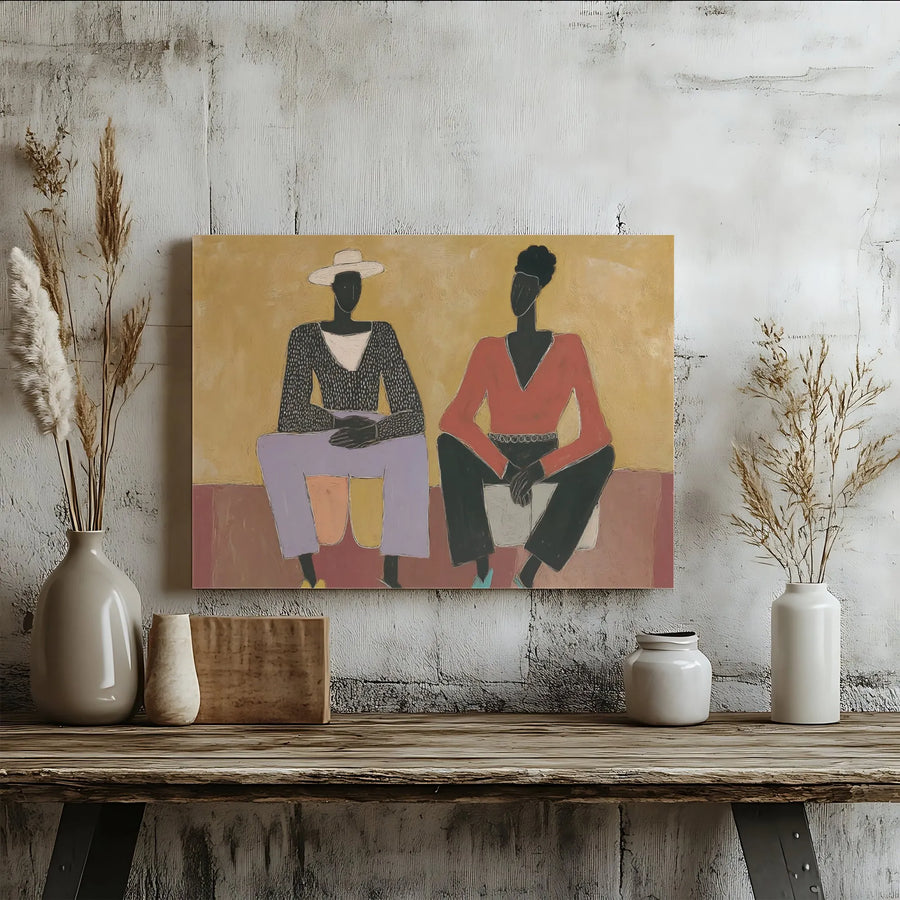 Modern Abstract Figurative Canvas Art | Two Seated Black Figures Illustration | Gallery Wrapped Premium Print | Contemporary Home & Office Decor Gift