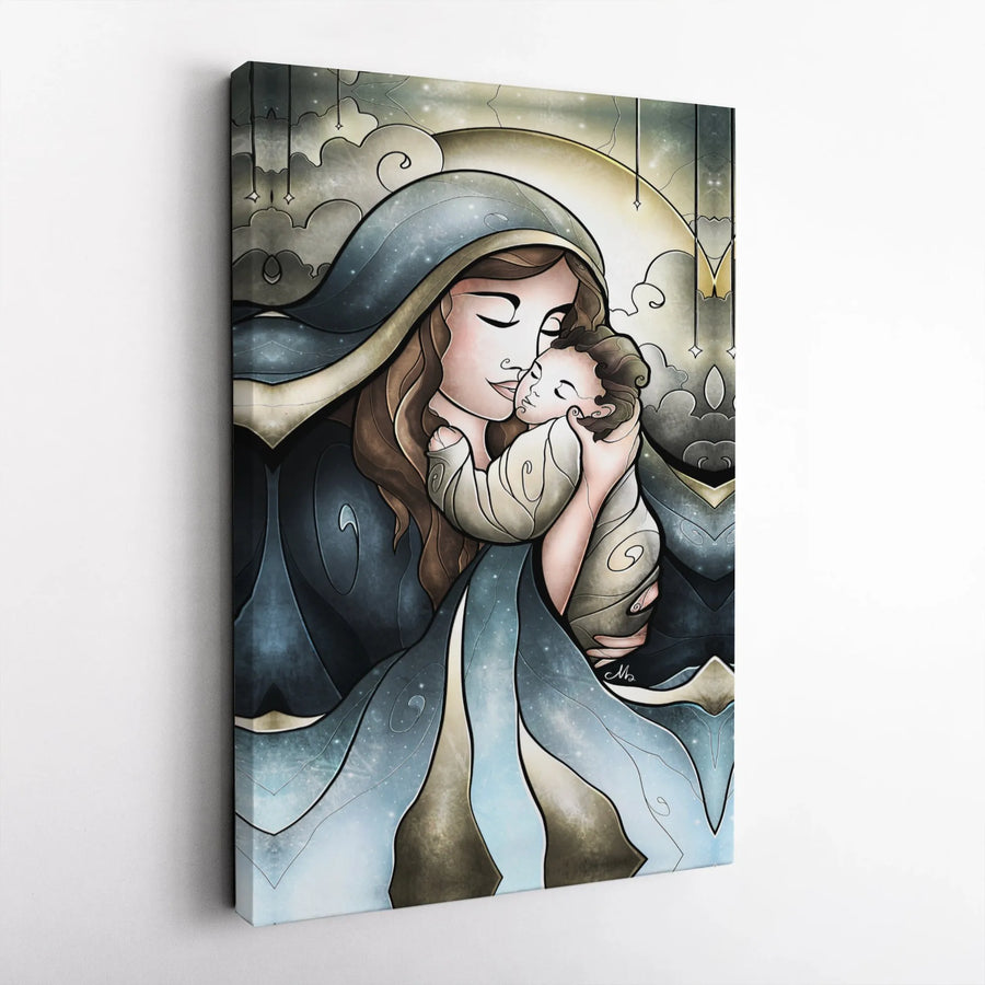 Virgin Mary and Baby Jesus Canvas Wall Art | Stylized Stained Glass Effect Religious Print | Premium Gallery Wrap Decor | Catholic Home Gift