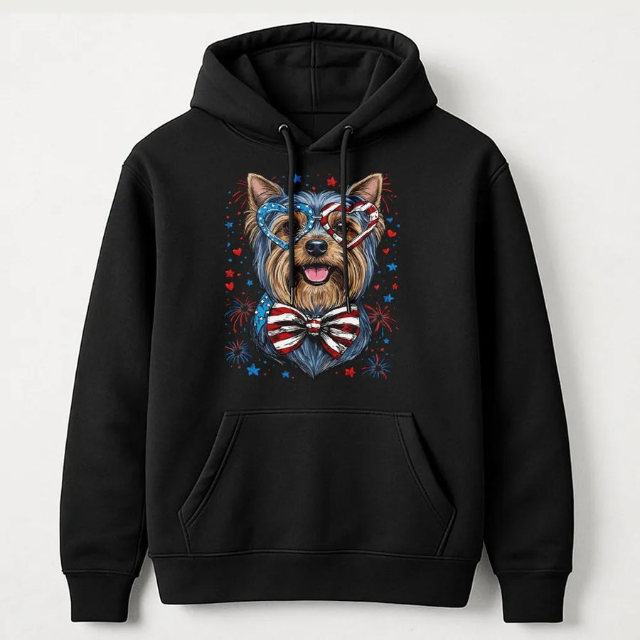 Patriotic Yorkie Hoodie | USA Flag Sunglasses & Fireworks | Premium Cotton Blend | 4th of July Dog Lover Gift