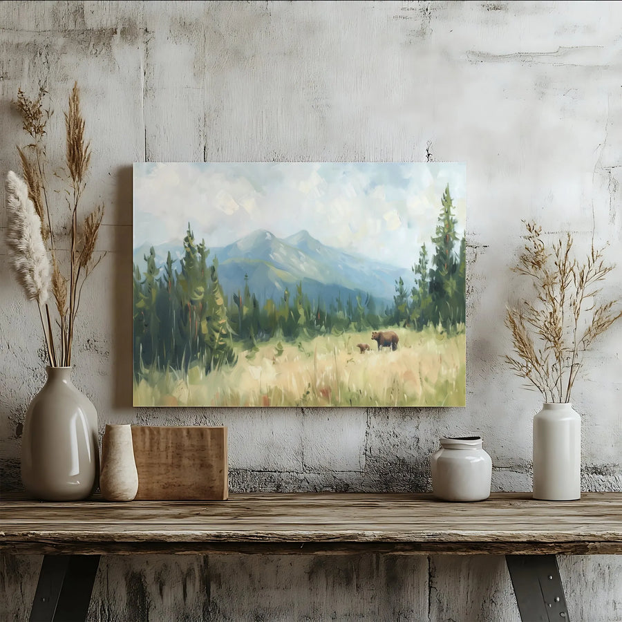 Mountain Bear Canvas Wall Art | Painterly Forest Landscape Print | Premium Gallery Quality Canvas | Gift for Nature Lover Rustic Cabin Decor