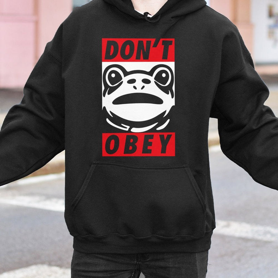 Dont Obey Frog Hoodie | Funny Toad Graphic Streetwear | Cotton Blend Premium Pullover | Unique Counterculture Gift for Men and Women