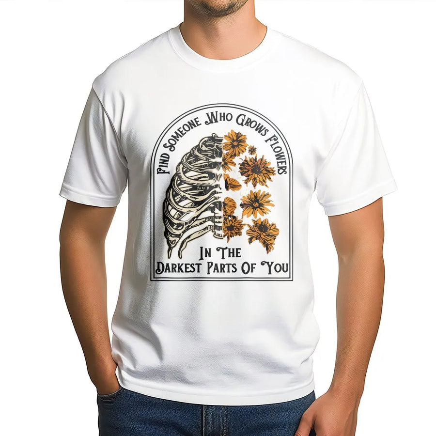 Floral Skeleton T-Shirt | Vintage Rib Cage Graphic with Flowers | Premium Cotton Tee | Romantic Quote Gift for Dark Academia Fans