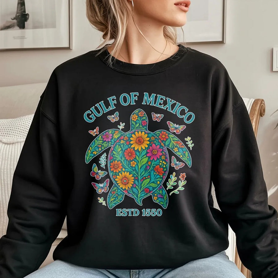 Gulf of Mexico Sea Turtle Sweatshirt | Floral Botanical Marine Life Graphic | Premium Cotton Blend | Coastal Beach Vacation Gift for Women & Men