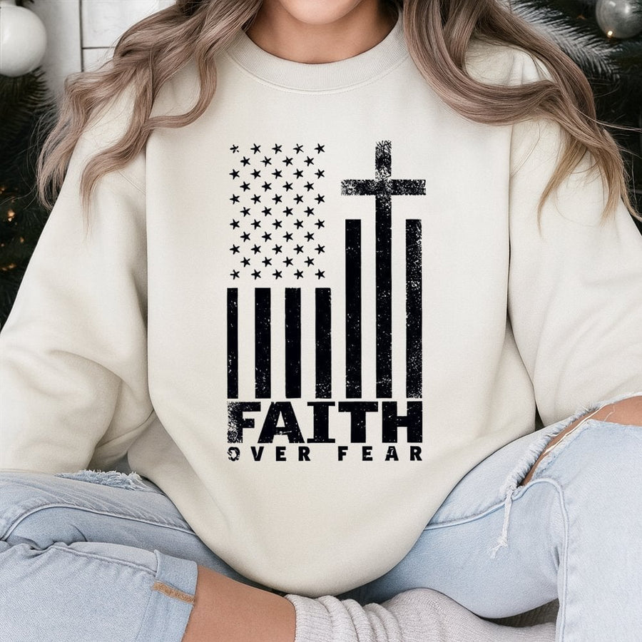 Faith Over Fear Sweatshirt | American Flag Christian Cross Graphic | Premium Cotton Blend Crewneck | Patriotic Religious Gift for Men and Women