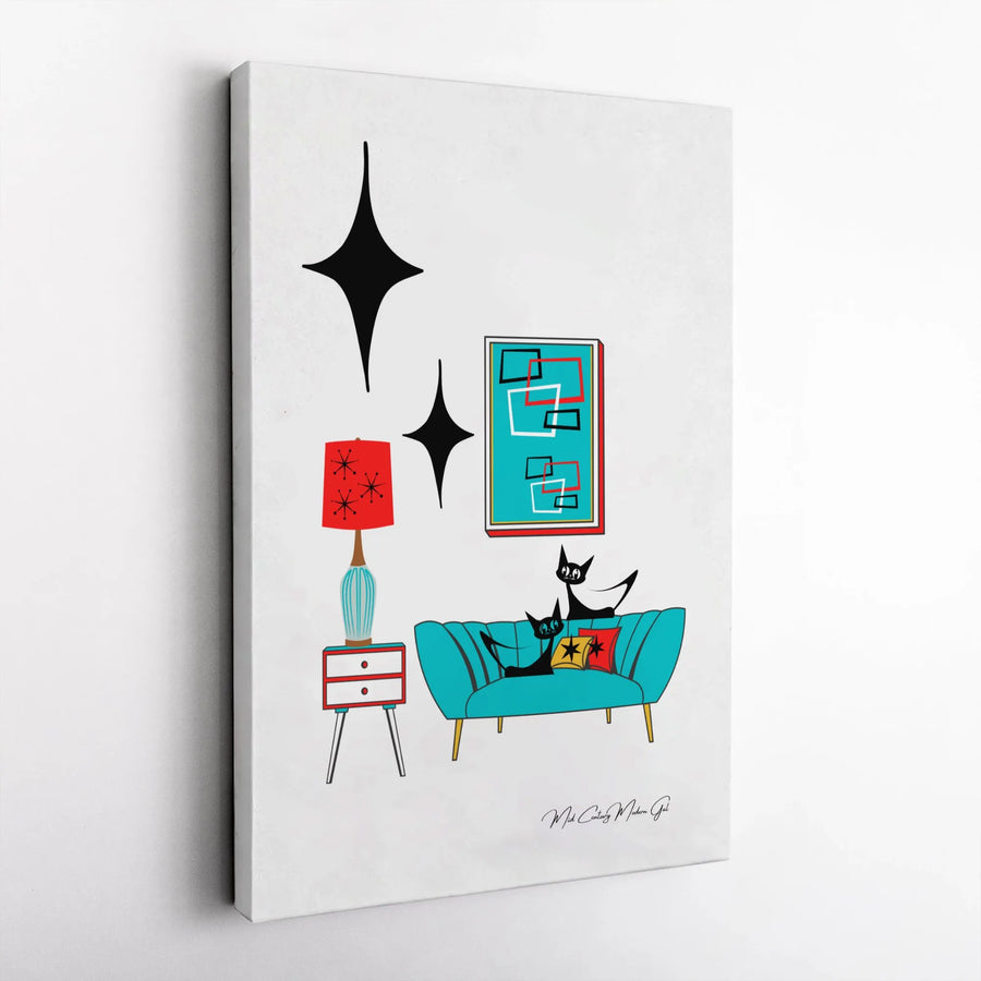 Mid Century Modern Wall Art | Retro Atomic Cat Decor on Teal Couch | Gallery Wrap Canvas Print | Premium Vintage Home Gift for Cat Lovers