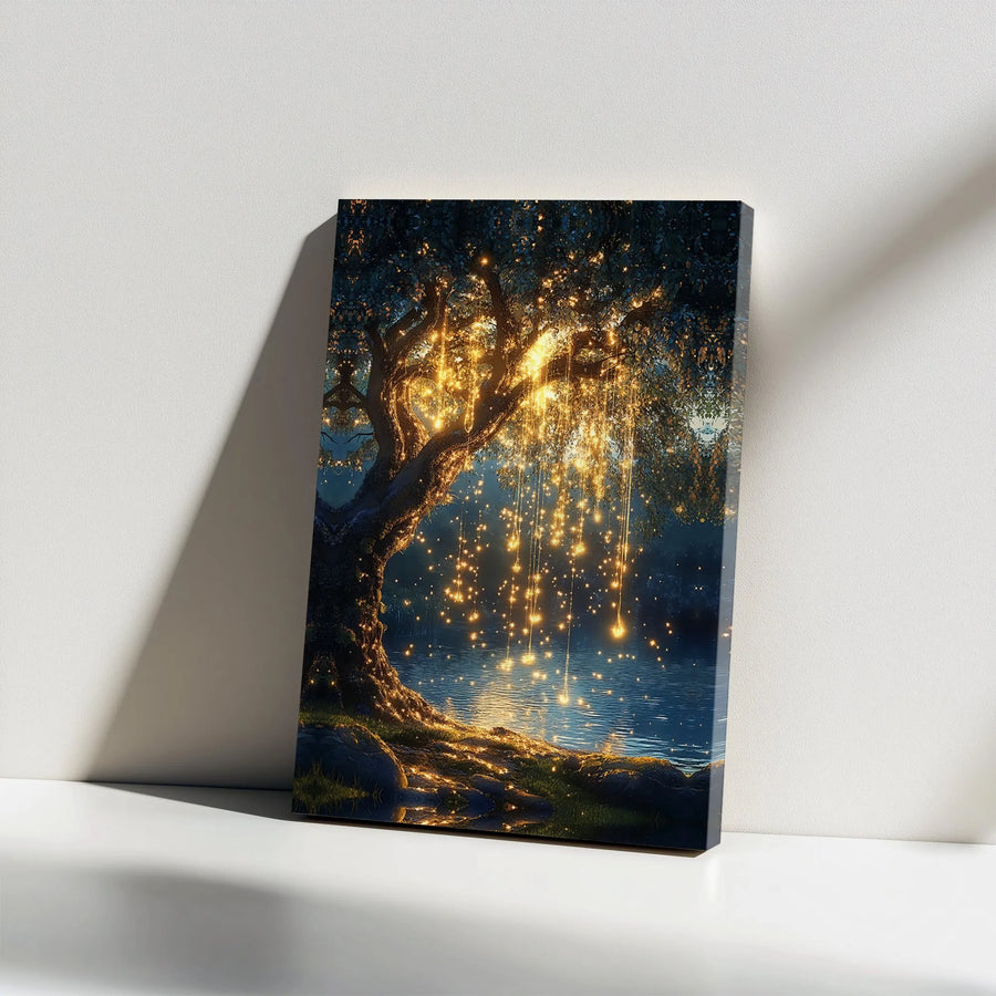 Enchanted Tree of Life Canvas | Magical Forest with Glowing Waterfall Lights | Premium Fade-Resistant Print | Mystical Bedroom & Living Room Decor Gift