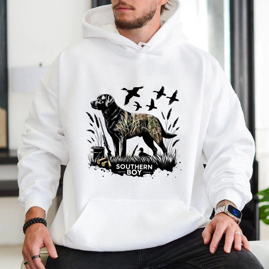 Southern Boy Duck Hunting Hoodie | Black Lab Camo Graphic | Premium Cotton Blend | Gift For Country Hunters And Outdoorsmen