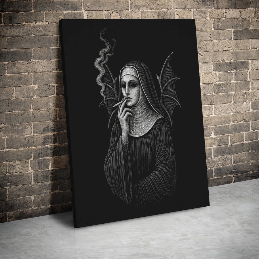 Smoking Nun Canvas Print | Gothic Demon Wings Wall Art | Gallery Wrapped Premium Decor | Dark Academia Gift for Occult Lovers