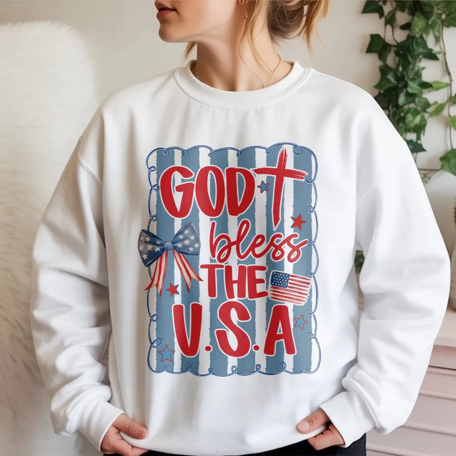 God Bless The USA Sweatshirt | Patriotic Coquette Bow Graphic | Soft Cotton Blend | Christian 4th of July Gift For Women