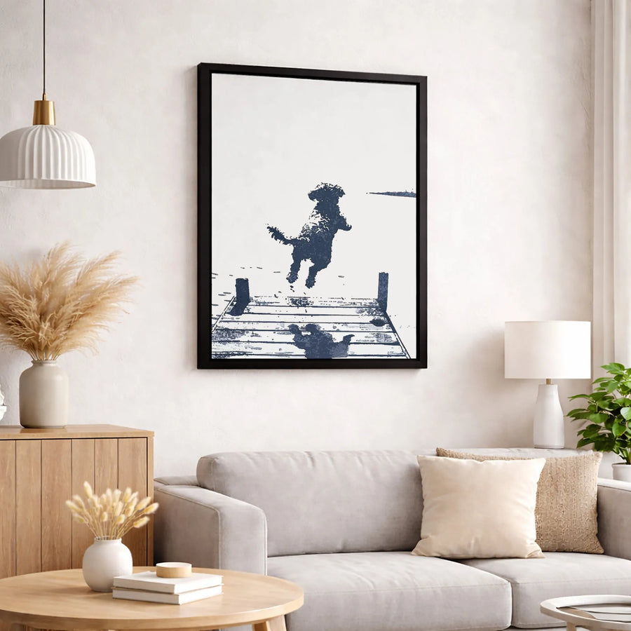 Jumping Dog Art Print | Minimalist Silhouette Lake Dock Wall Decor | Premium 1.25" Gallery Canvas | Gift for Dog Lovers
