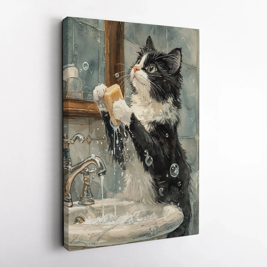 Cat Washing Paws Watercolor Canvas Print | Whimsical Bathroom Pet Wall Art | Premium Fade-Resistant Decor | Funny Cat Lover Gift Idea