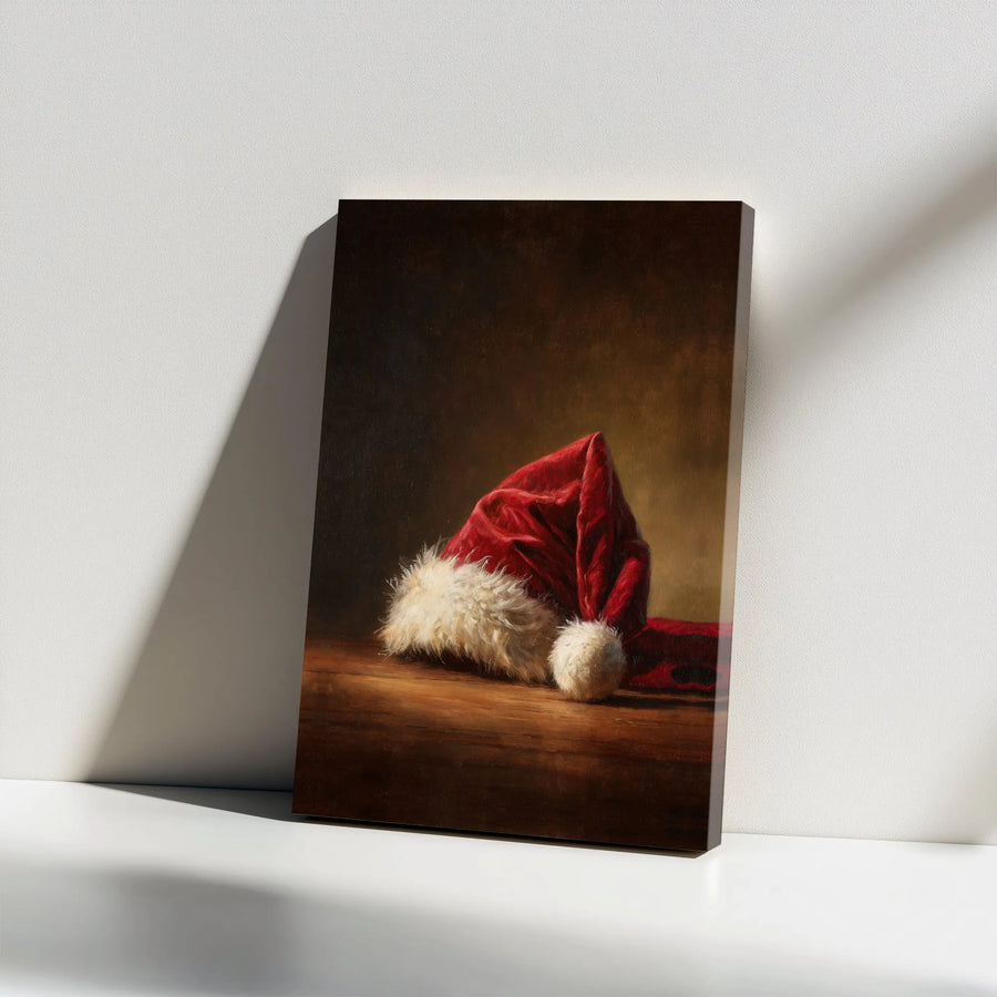 Santa Hat Oil Painting Wall Art | Rustic Christmas Holiday Canvas Print | Gallery Wrapped Premium Decor | Festive Winter Home Office Gift