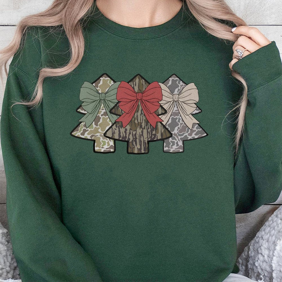 Camo Christmas Tree Sweatshirt | Coquette Bow Holiday Graphic | Soft Cotton Blend Crewneck | Festive Hunting Gift for Women and Men