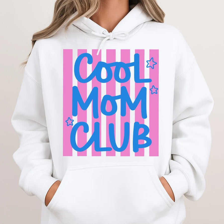 Cool Moms Club Hoodie | Trendy Preppy Striped Graphic | Premium Soft Cotton Blend | New Mom Gift for Her