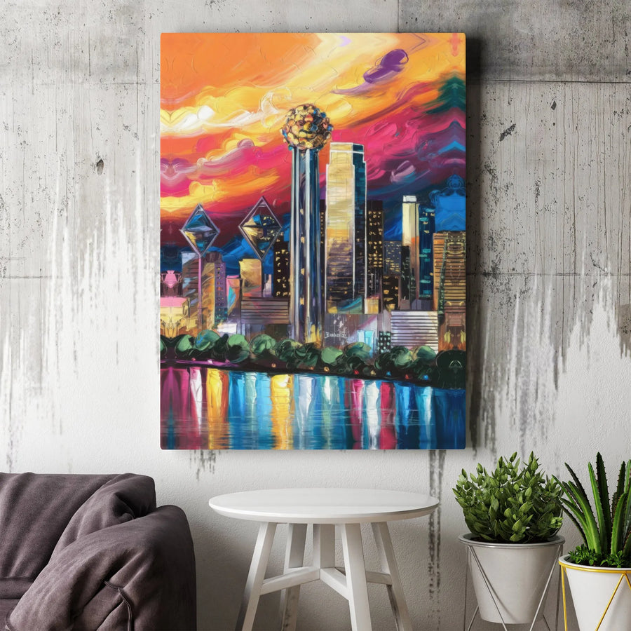 Dallas Skyline Canvas Print | Vibrant Reunion Tower Abstract Art | Gallery Quality 1.25 Inch Thick Profile | Modern Texas City Wall Decor Gift