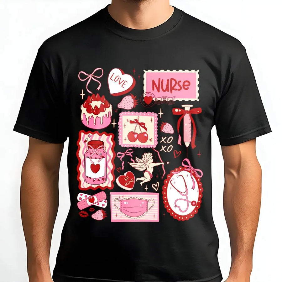 Nurse Valentine T-Shirt | Coquette Aesthetic Medical Doodle Print | Premium Soft Cotton Tee | Cute Gift for Nurses and Nursing Students