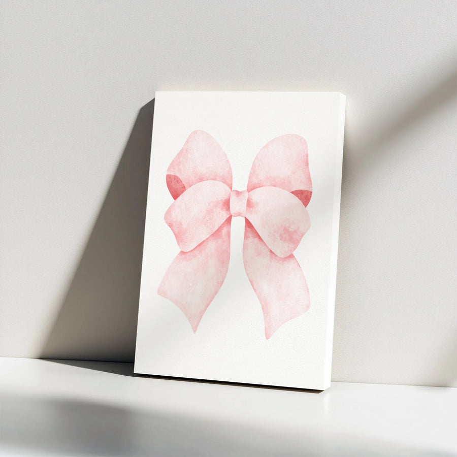 Pink Bow Wall Art | Watercolor Minimalist Aesthetic Print | Premium Gallery Wrap Canvas | Nursery Decor for Girls Bedroom