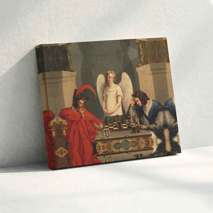 The Chess Players Wall Art | Moritz Retzsch Devil vs Man Painting | Premium Gallery Wrap Canvas | Gothic Home Decor Gift for Chess Lovers