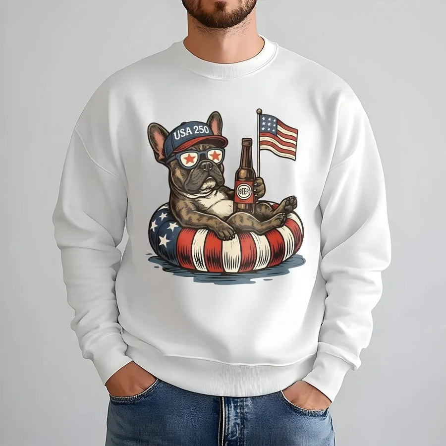 USA 250 French Bulldog Sweatshirt | Funny Patriotic Dog with Flag & Beer | Premium Soft Cotton Blend | 4th of July Gift for Dog Lover